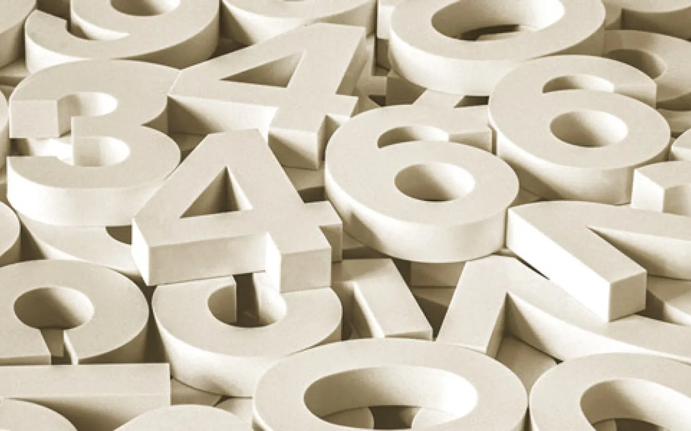 A scattered pile of large white 3D numbers overlapping one another.